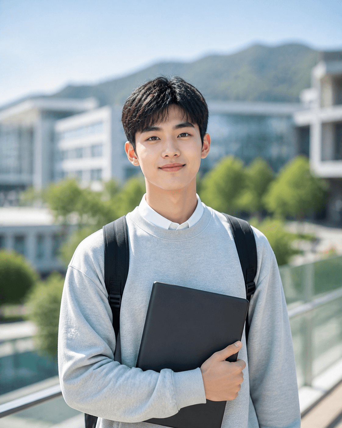 手持电脑走在校园中的男学生